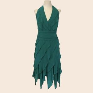Vintage Tadashi Green Halter Layered Silk Gown Size 4 US / 8 UK